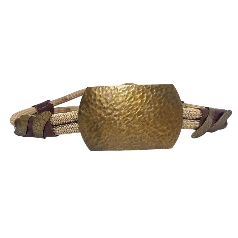 Vintage 1980s Stretchy Rope 28" Belt Hammered Brass Buckle Leather Accents